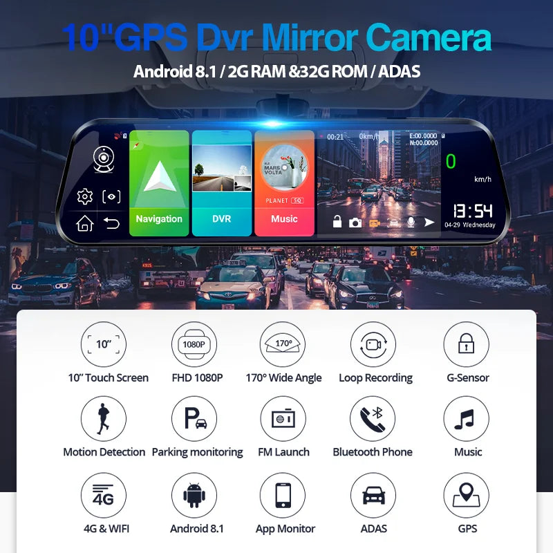 E-ACE 4G Car Dvr 10 Inch Mirror Dash Cam Android 8.1 GPS Navigation Car Camera Auto Recorder ADAS Support 1080P Rear Camera [CAR]