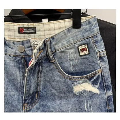 Men's Loose Fitting Straight Hole Denim Shorts Fashion Brand Summer Cut Torn Jeans Shorts [MEN]