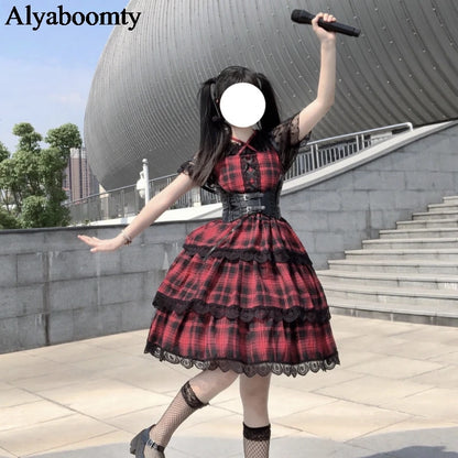 Japanese Harajuku Summer Women Streetwear Sundress Suspenders Red Plaid Bandage Dress Gothic Layered Lace Ruffles Lolita Dress [LOL]