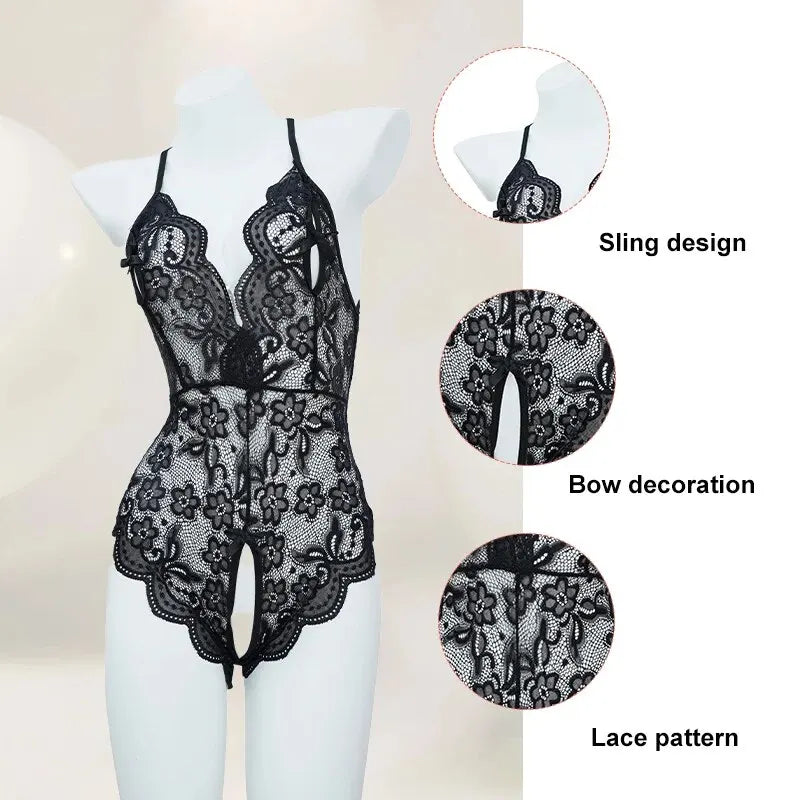 Women Sexy Lace Lingerie Hollow Bra Set Deep V Open Bra Porn Underwear Set Hot Sexy Transparent Bodysuit Dress [UND]