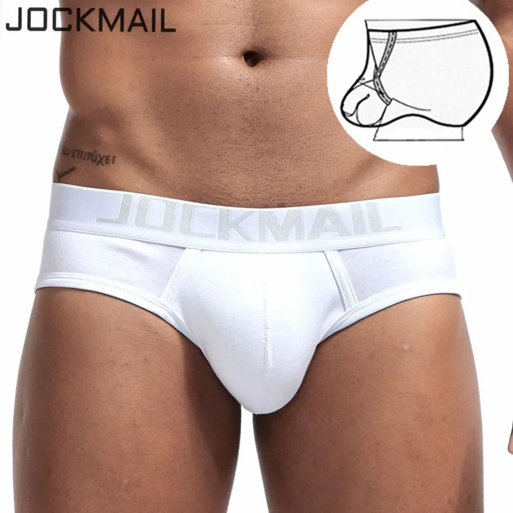 JOCKMAIL Cotton Sexy Mens Underwear briefs U convex pouch ring design cuecas calzoncillos hombre slip Gay Underwear Solid White [GRM] [UND]