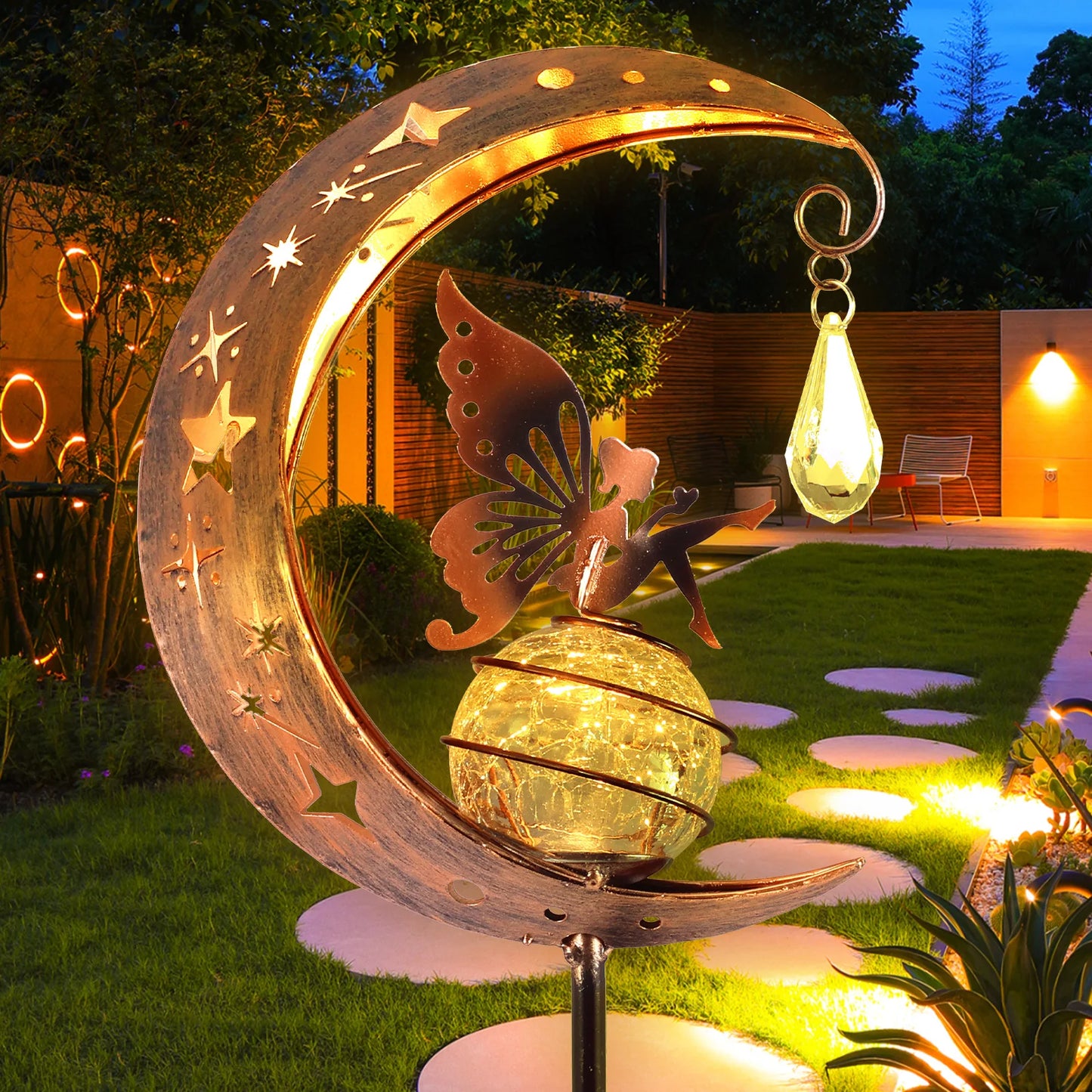 Fairy Moon Solar Light Lawn Outdoor Ornament Creative Decorative Iron Hollow Crack Ball Lamp Angle Art Led Yard Decor [SLG]