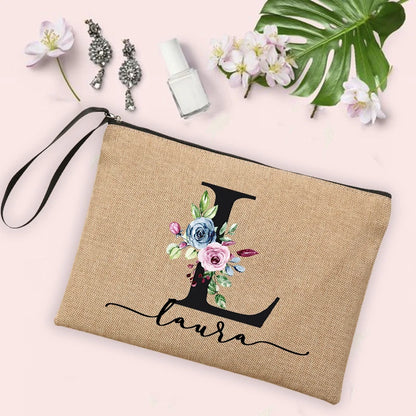 Flower Initial Letter Custom Name Cosmetic Bag Women Neceser Makeup Bag Linen Zipper Pouch Travel Toiletry Organizer Mujer Bolsa [CSM]