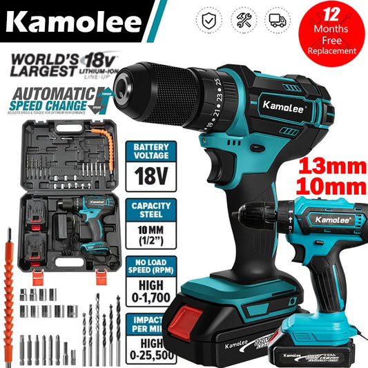 Kamolee 10mm/13mm Brushed Cordless Electric Impact Drill Electric Screwdriver Home DIY Power Tools For Makita 18V Battery [PTO]