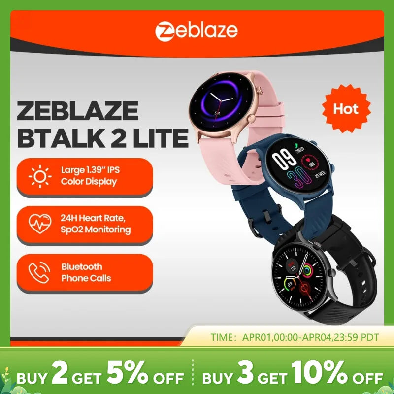 New Zeblaze Btalk 2 Lite Voice Calling Smart Watch Large 1.39 HD Display 24H Health Monitor 100 Workout Modes for Men [SWH]