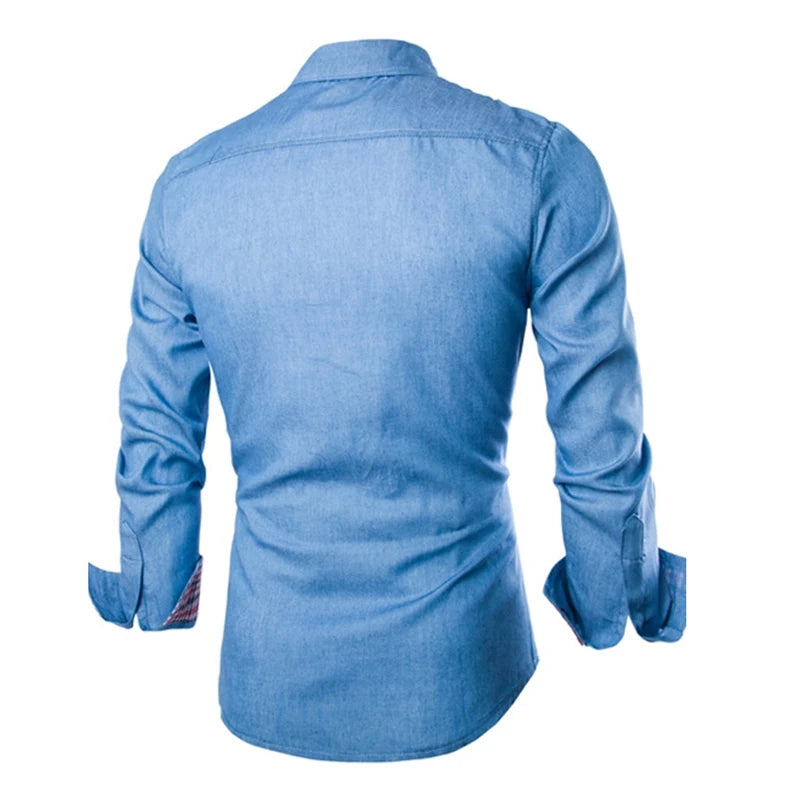 Men Denim Shirts Long Sleeve Men Dress Shirt Fashion Slim Fit Style Navy Blue Jeans Male Shirt Longsleeve Shirt For Men [MEN]