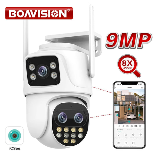 Wifi Surveillance Camera Outdoor PTZ 9MP Three lens 8X Digital Zoom AI Auto Tracking Humanoid Detection 4MP Security Camera [SEC]