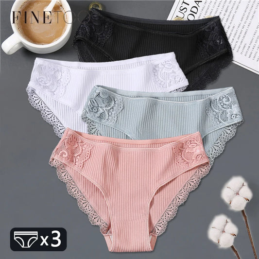 FINETOO 3Pcs/set Women Cotton Panties M-2XL Low-Rise Underwear Trendy Patchwork Lace Briefs Female Soft Underpants Lingerie  [UND]