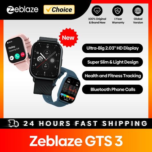 New Zeblaze GTS 3 Voice Calling Smart Watch Ultra-big 2.03'' HD Screen 24H Health Monitor 100+ Sports Modes 200+ Watch Faces [SWH]