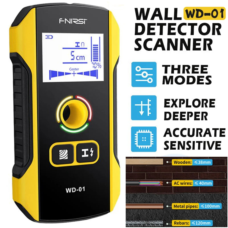 FNIRSI WD-01 Metal Detector Wall Detector Scanner Wooden AC Wires Metal Pipes Rebars Detecting Tool Indicator Light Positioning [MTL]