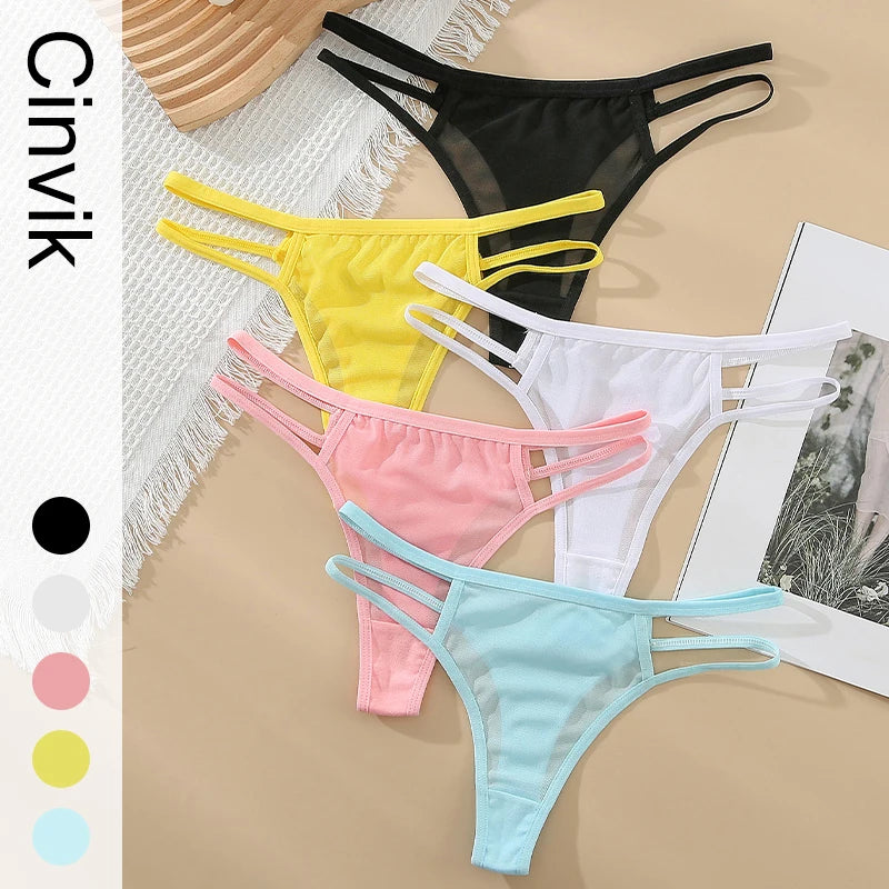 CINVIK Thin Mesh Sexy Thongs Transparent Women Underwear G-string Low Waist Thongs Briefs Hollow Out Traceless Panties Tangas [UND]