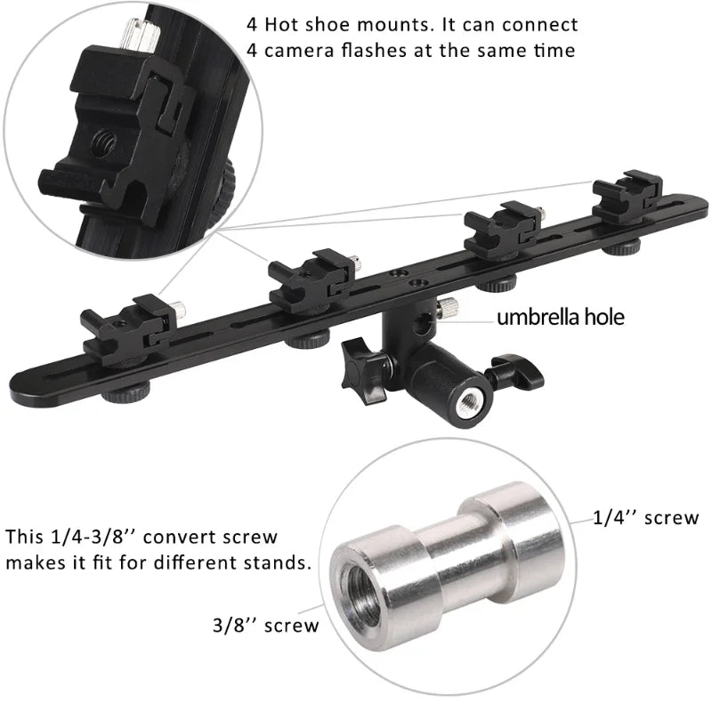 Photography Umbrella Light Stand Holder, Camera Flash Bracket &4 Hot Shoe Mounts for Speedlight DSLR Rig  LCD Monitor/Tripod [PHO]