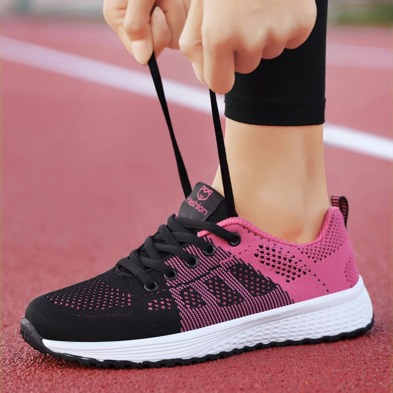 Women Casual Shoes Breathable Walking Mesh Lace Up Flat Shoes Sneakers Women Tenis Feminino Pink Black White [SHO]