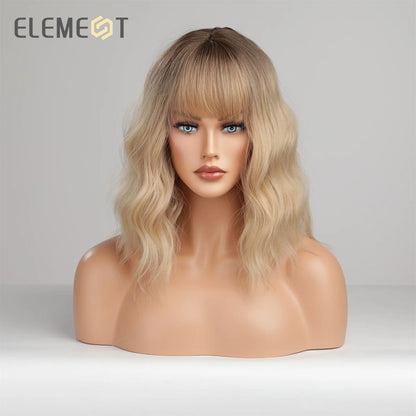 ELEMENT 16 Inch Ombre Golden Blonde Loose Curly Hair Wig with Bangs Lolita Cosplay Party Daily Wigs for Women [LOL]