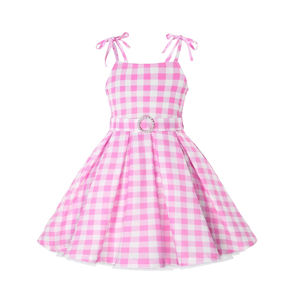 Girls Movie Princess Dress Cosplay Costume Pink Plaid Beach Barbi Outfit Birthday Halloween Party Kids Dress [COS]