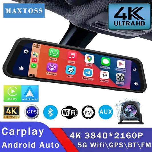 Dash Cam 4K 2160P Car Dvr Carplay Android Auto Stream RearView Mirror GPS 5G WIFI FM Radio AUX Dashcam Car Camera Drive Recorder [CAR]