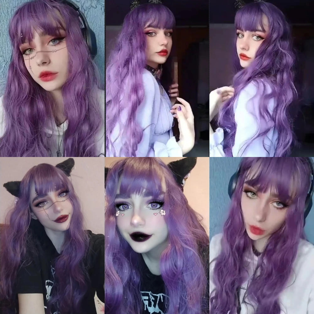 MSIWIGS Long Wavy Purple Cosplay Synthetic Wigs Lolita Halloween With Bangs for Women Party Dailly Heat Resistant Wig [LOL]