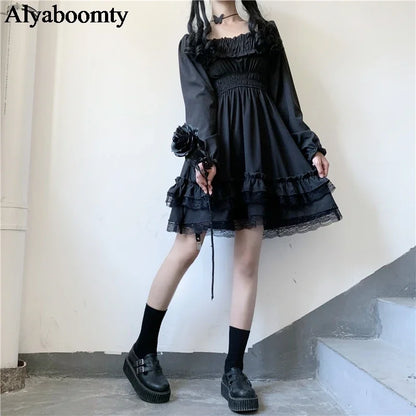 Japanese Lolita Style Women Princess Black Mini Dress Slash Neck High Waist Gothic Dress Puff Sleeve Lace Ruffles Party Dresses [LOL]