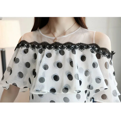 Summer Fashion Shirts Women Elegant Short Sleeve Ladies Tops Sweet Polka Dot Chiffon White Blouse Casual Loose New Blusas 0611 [WOM]