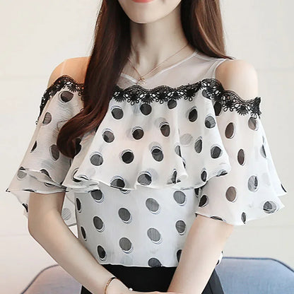 Summer Fashion Shirts Women Elegant Short Sleeve Ladies Tops Sweet Polka Dot Chiffon White Blouse Casual Loose New Blusas 0611 [WOM]