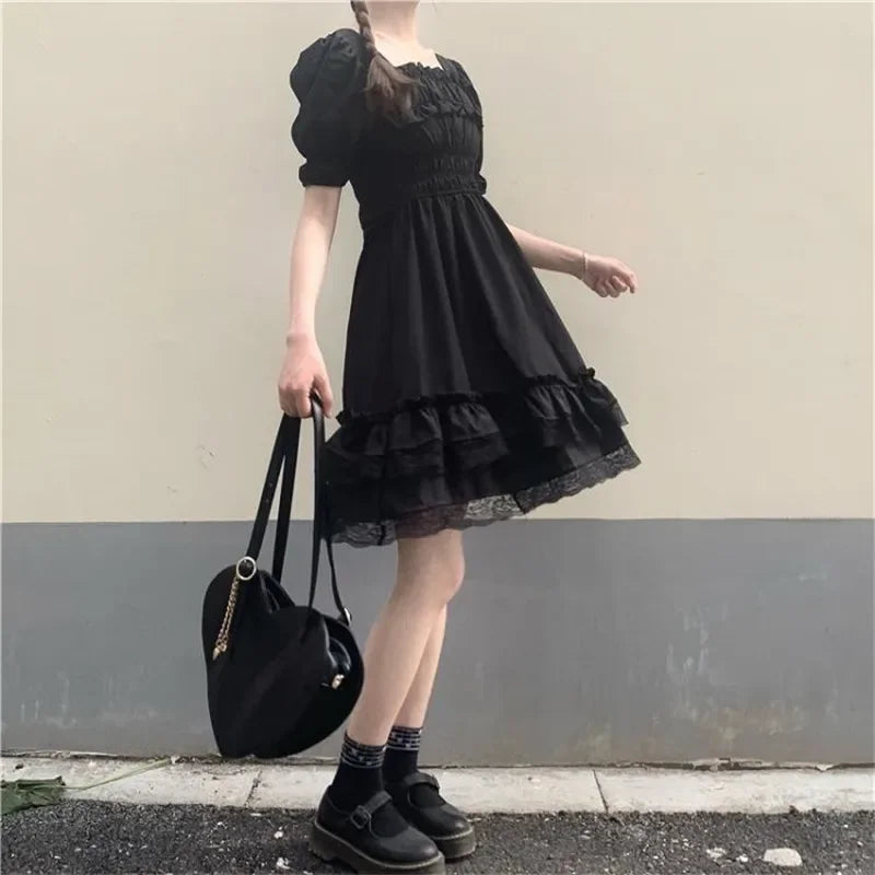 Japanese Lolita Style Women Princess Black Mini Dress Slash Neck High Waist Gothic Dress Puff Sleeve Lace Ruffles Party Dresses [LOL]