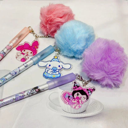 Sanrio Gel Pen Kuromi Melody Cartoon Plush Pendant 12/24pcs Kawaii Students Stationery 24pcs Cute School Signature Pen Wholesale [STA]