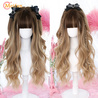 MEIFAN Synthetic Long Ombre Colorful Cosplay Lolita Harajuku Wig With Bangs Natural Wavy Halloween Pink Purple Blue Daily Wigs [LOL]