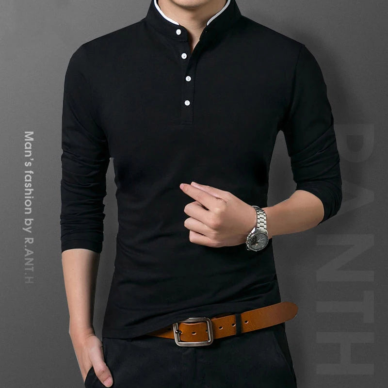 Men's Business Casual Polo Long Sleeve T-shirt Summer Comfortable and Breathable Solid Cotton Top [TSH]