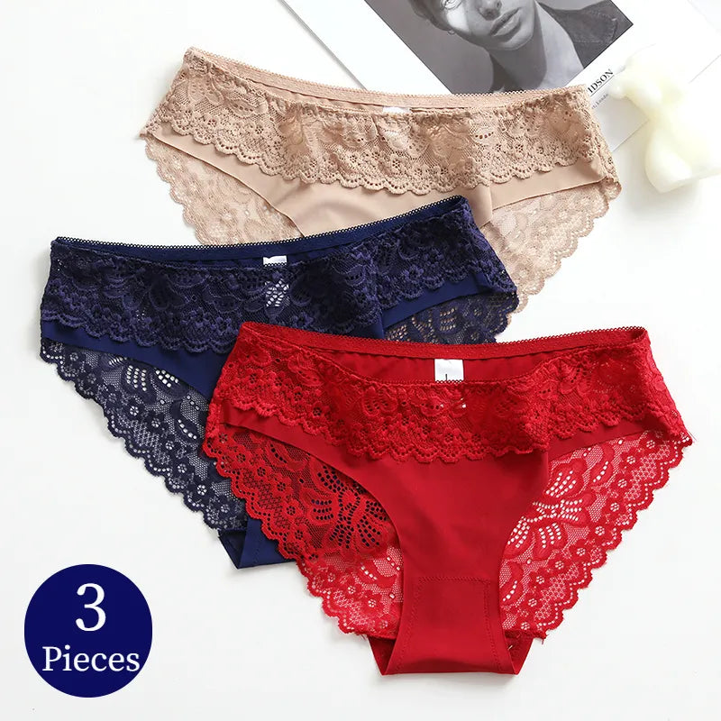 TrowBridge 3PCS/Set Women's Panties Lace Silk Satin Underwear Sexy Lingerie Soft Comfortable Female Briefs Sweet Cozy Underpants [UND]