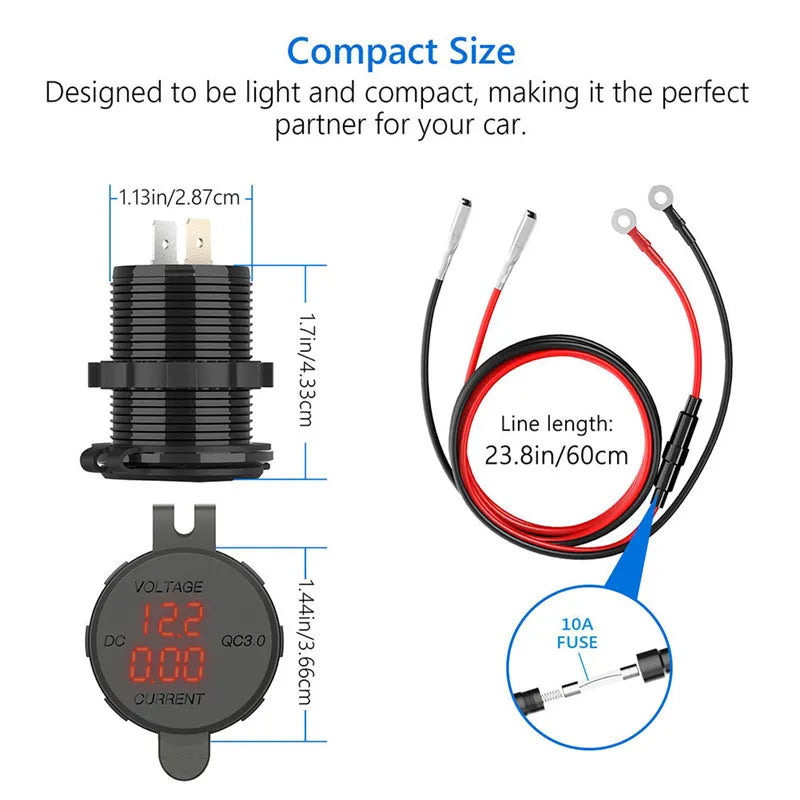 QC 3.0 USB Charger Socket Power Outlet Digital Voltmeter  Ammeter monitoring for Car Boat Marine Rv Motorcycle [MRN]