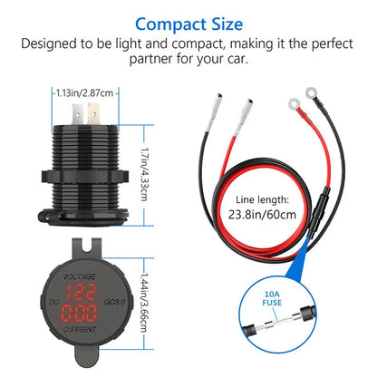 QC 3.0 USB Charger Socket Power Outlet Digital Voltmeter  Ammeter monitoring for Car Boat Marine Rv Motorcycle [MRN]