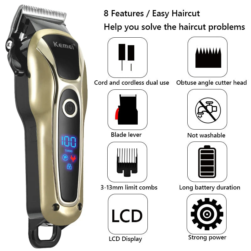 Kemei Hair Trimmer Electric Hair Clipper for Men Cordless Barber Trimmer Professional hair cutting machine USB rechargeable LCD [HAP]