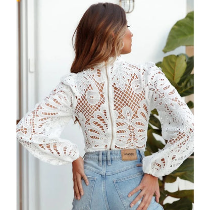 Elegant Women's Long Sleeve Lace Blouses Tops White Crochet Hollow Out Turtleneck Stylish Cropped Shirts Female Pullovers 16296 [WOM]