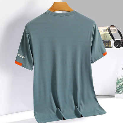 Men's Summer Ice Silk T-shirt Sweatshirt Round Neck Simple Running Fitness Suit Thin Breathable Quick Drying T [TSH]