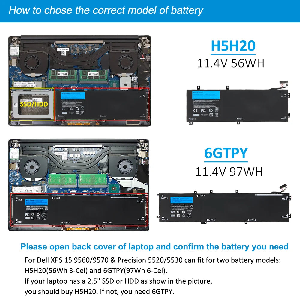 KingSener New 6GTPY H5H20 Laptop Battery For DELL XPS 15 9570 9560 7590 For DELL Precision 5520 5530 Series Notebook 11.4V 97WH [BAT]