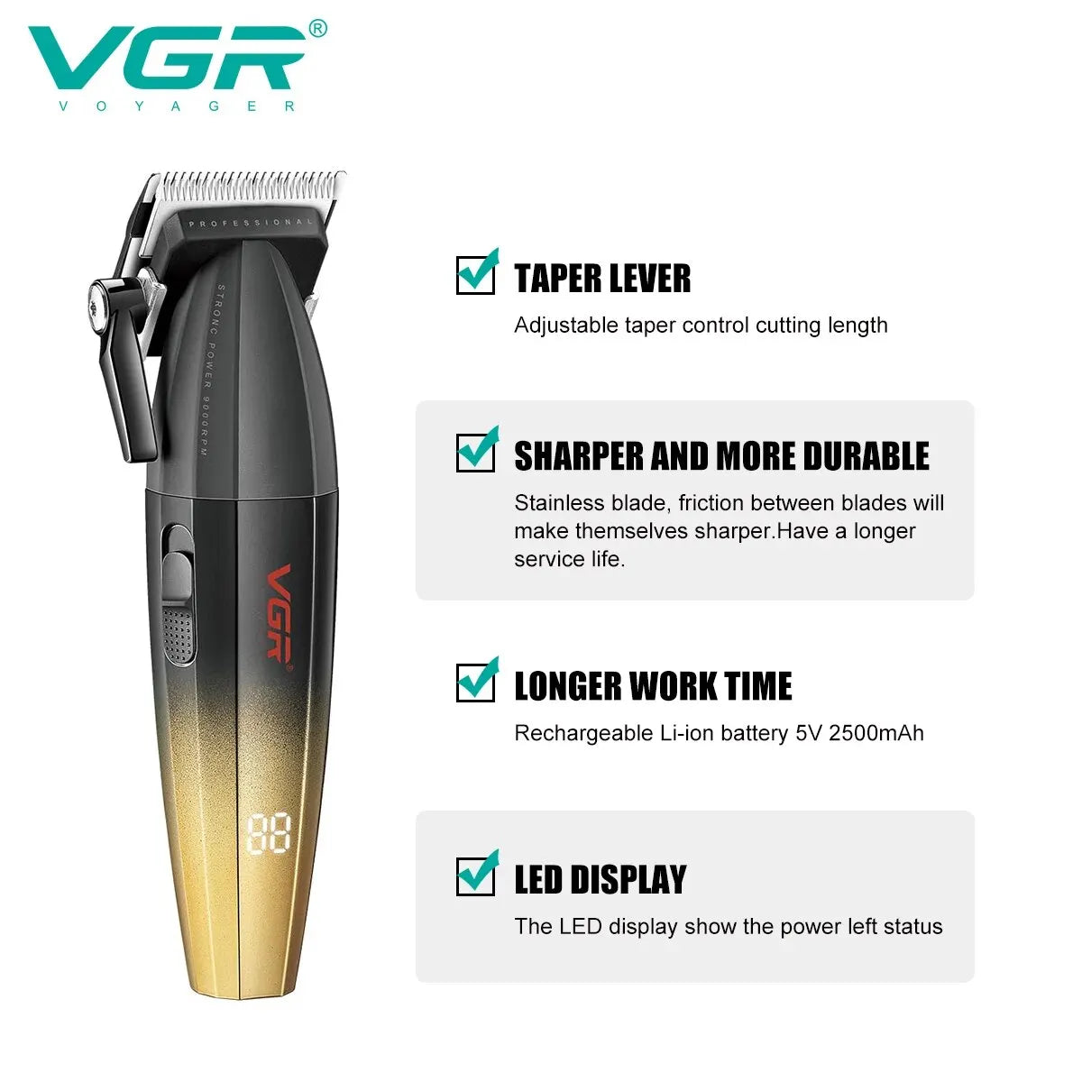 VGR Hair Clipper Professional Hair Trimmer Electric Clippers Cordless Hair Cutting Machine 9000RPM Trimmer Clipper for Men V-003 [HAI]