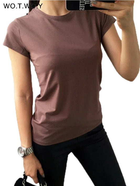 High Quality 11 Color S-3XL Plain T Shirt Women Cotton Elastic Basic T-shirts Female Casual Tops Short Sleeve T-shirt Women 2024 [WOM]