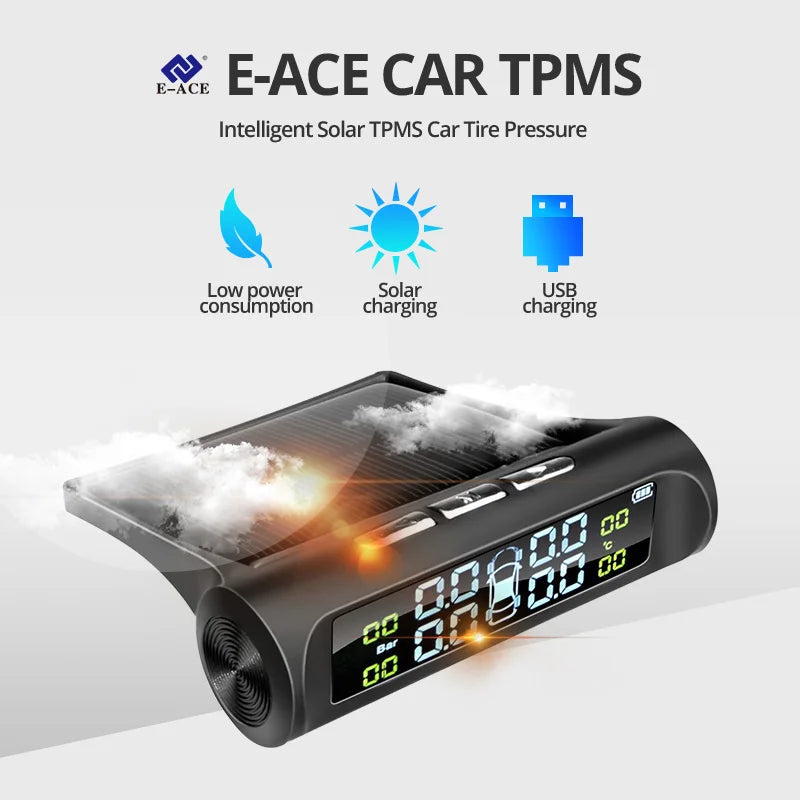 E-ACE K01TPMS solar sensor intelligence  Wireless Tire Pressure Monitoring System  Auto Security Alarm Device With 4 sensors [SEC]