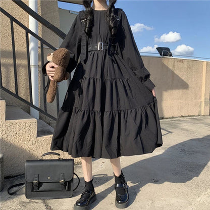 QWEEK Gothic Style Dress Women Harajuku Gothic Lolita Goth Kawaii Dress Punk Cute Long Sleeve Black Midi Dress 2021 Emo Oversize [LOL]