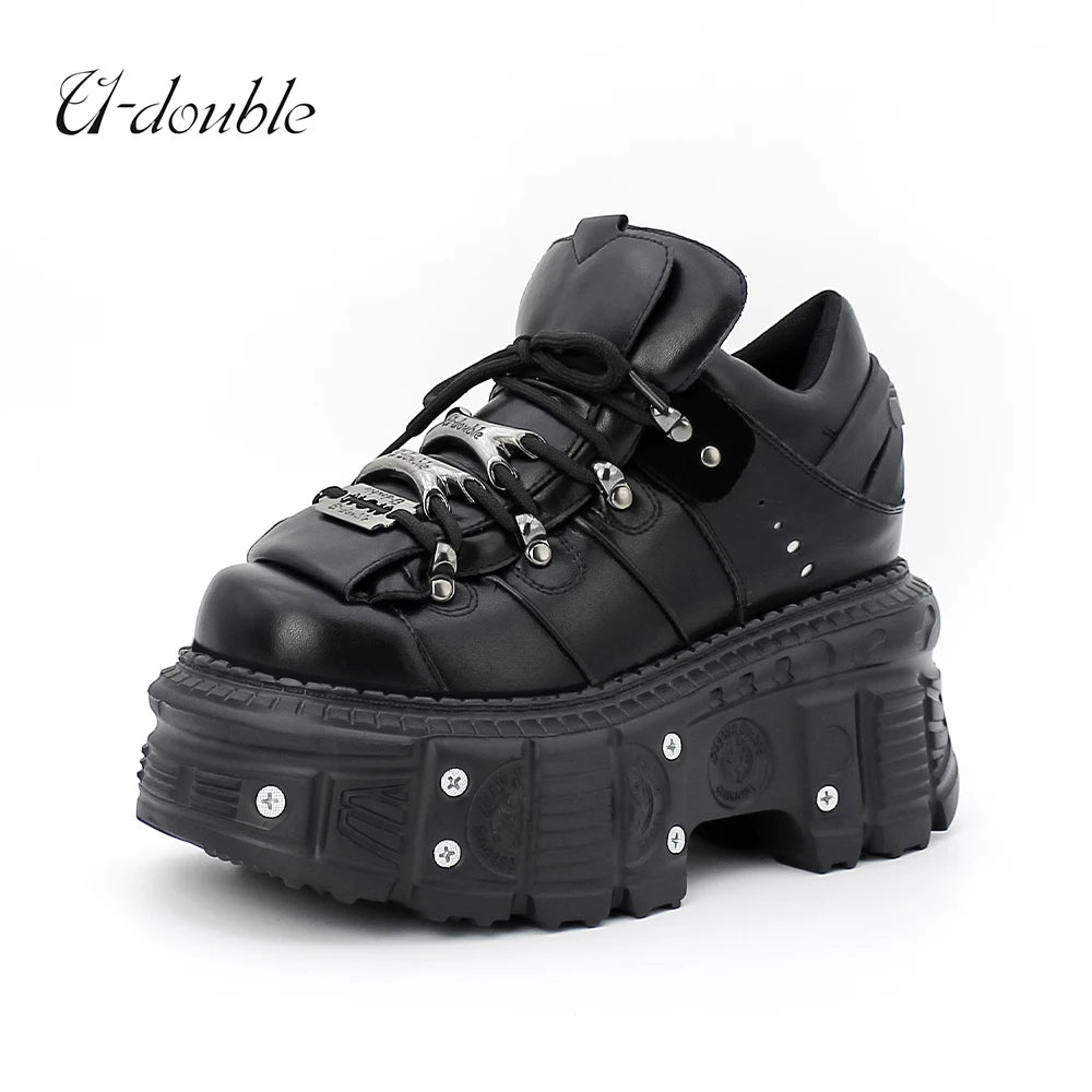 New Punk Style Women Shoes Lace-up Heel Height 6CM Platform Shoes Woman Gothic Ankle Rock Boots Metal Decor Woman Sneakers [SHO]