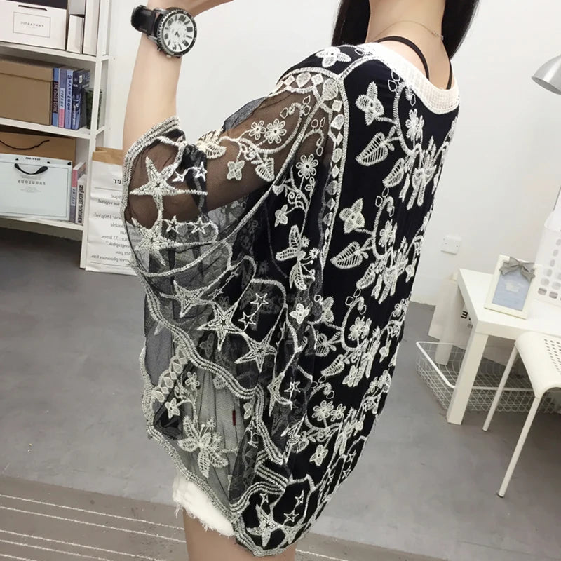 New Spring Summer Embroidery Lace Blouse Flare Sleeve Hollow Out Women Shirt O-Collar Casual Female Tops Ladies Clothing 25897 [WOM]