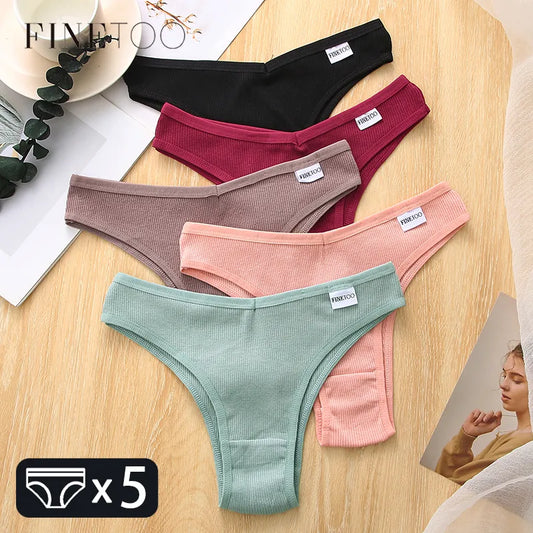 FINETOO 5Pcs/set Women Brazilian Panties Cotton Underwear M-XL Comfortable Underpants Low-Rise T-Back Panty Female Lingerie  [UND]