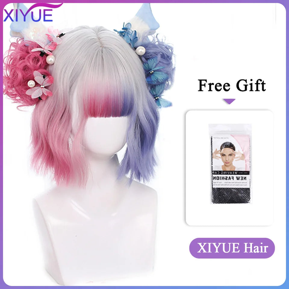 XIYUE Blue Pink Lolita Wigs Ombre Long Water Wave Cosplay Wigs Synthetic Hair Wigs Heat Resistant For Women American Style [LOL]