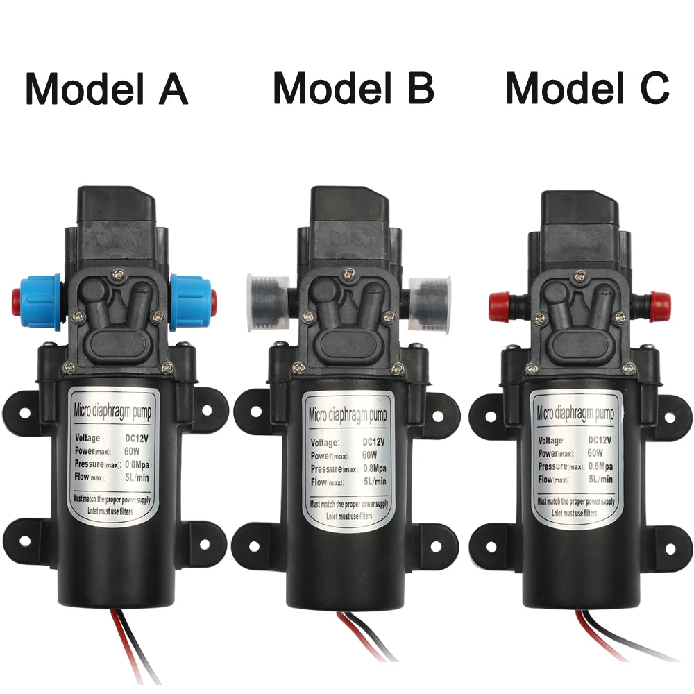 DC 12V 60W Micro Electric Diaphragm Water Pump Automatic Switch 5L/min High-Pressure Car Washing Spray Water Pump 0.8Mpa 5L/min [PUM]