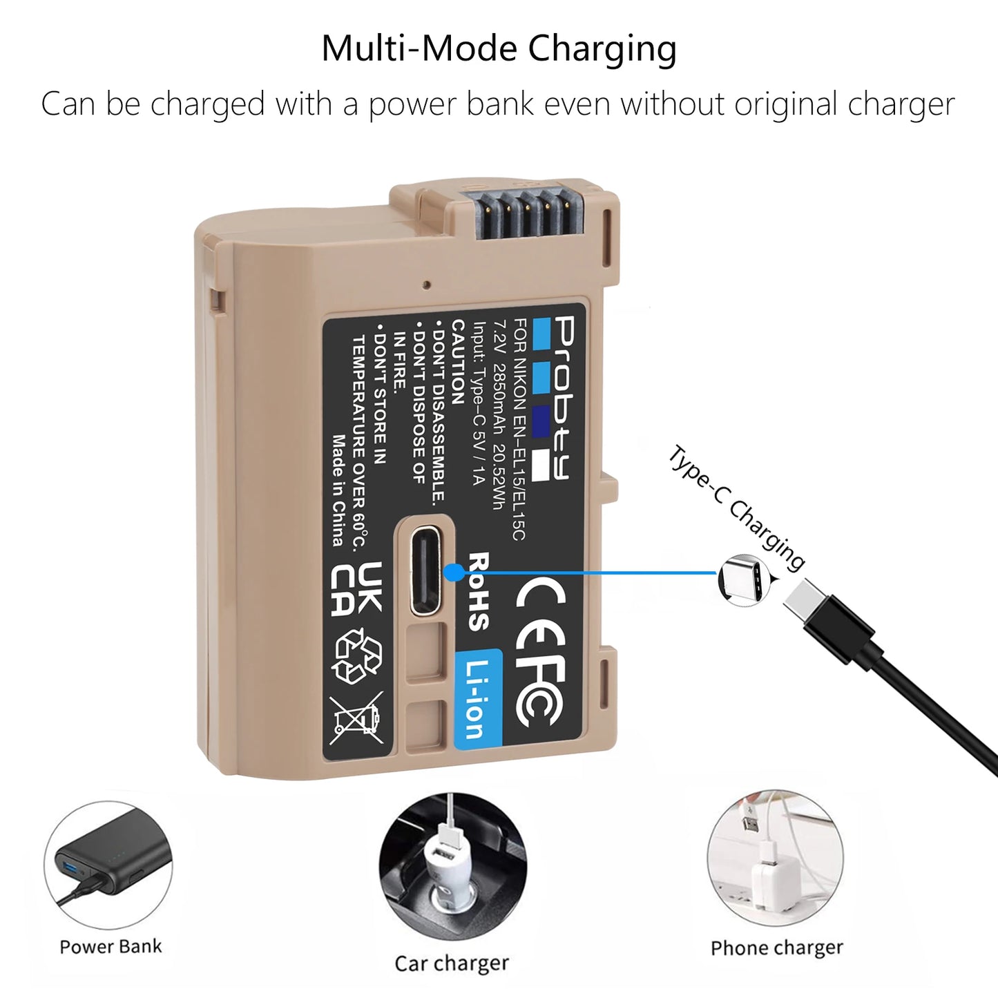 Probty 2850mAh EN-EL15C EN-EL15 Battery Battery with Type-C input port for Nikon Z5,Z8,Z6 II,Z7,Z7II D600 D610 D600E D800 D810 [BAT]