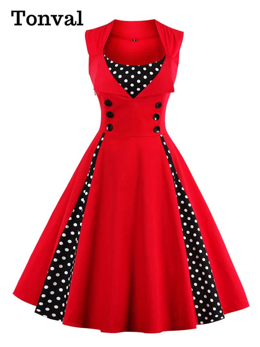 Tonval Elegant Polka Dot Sleeveless Pinup Vintage Retro Dress Women Button High Waist Summer Party 4XL 5XL Cotton Dresses [WOM]