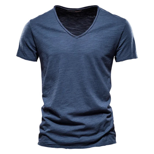 AIOPESON 100% Cotton Men T-shirt V-neck Fashion Design Slim Fit Soild T-shirts Male Tops Tees Short Sleeve T Shirt For Men [TSH]