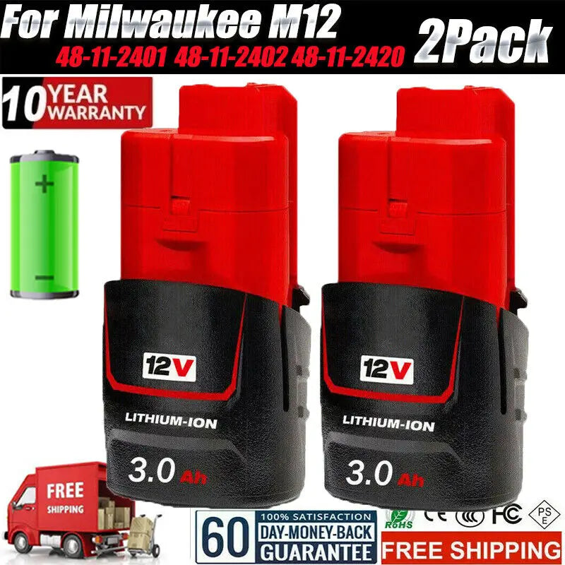 3000mAh Battery for Milwaukee M12 Lithium M12B2 M12 XC 48-11-2430 48-11-241148-11-2401 MIL-12A-LI Tool Batteries [BAT]