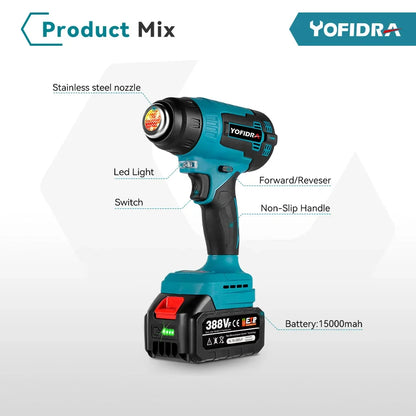 Yofidra 2000W Electric Heat Gun Cordless Handheld Hot Air Gun with 3 Nozzles Industrial Home Hair Dryer For Makita 18V Battery [TOL]