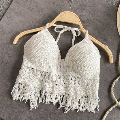 Sexy Boho Beach Holiday Camisole Halter Women Crochet Knit Swimsuit Bra Backless Vest Hollow Tassel Tank Top Women's Crop Tops [BRA]